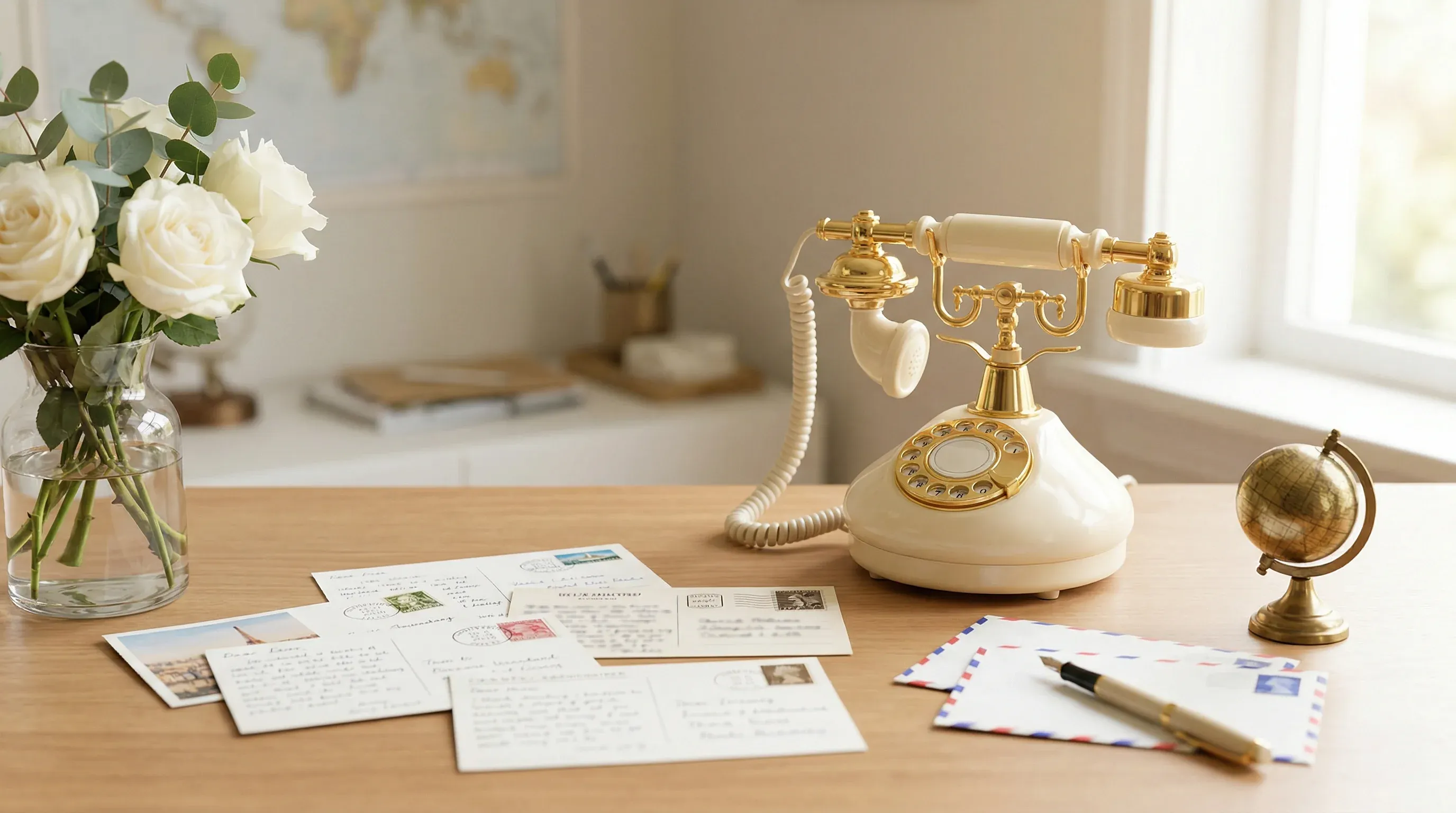 Vintage desk with rotary telephone, postcards, letters, and white roses in a vase with a world map in the background