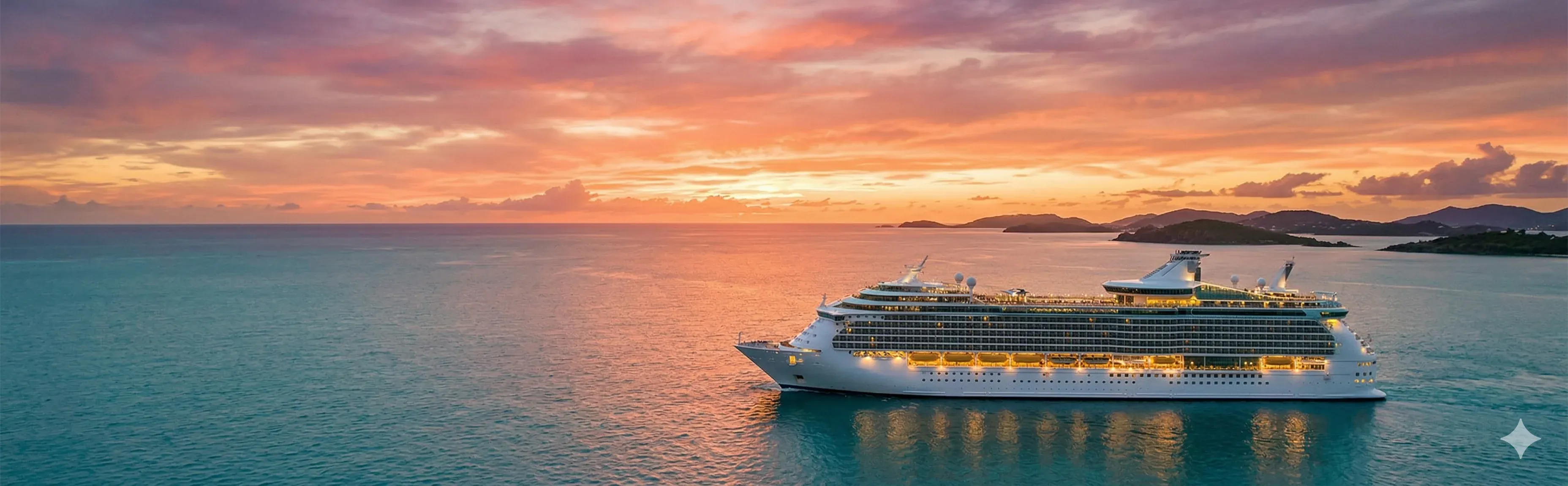 Cruise ship sailing on calm ocean waters at sunset with colorful orange and pink sky