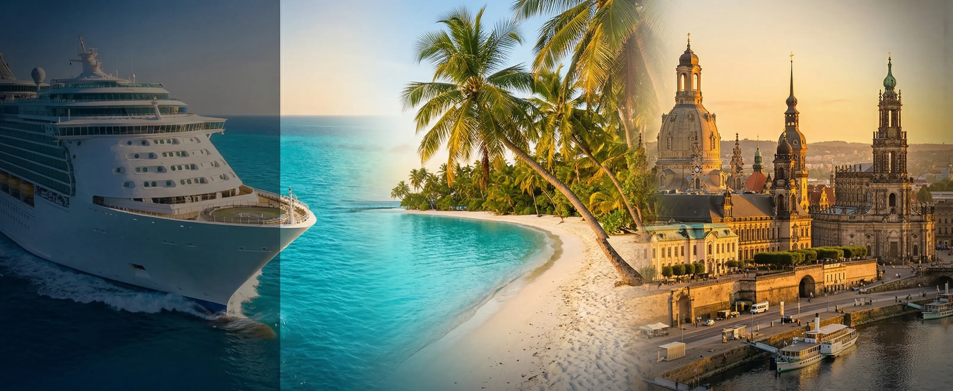 Travel collage featuring a cruise ship on turquoise waters, tropical beach with palm trees, and historic European city architecture