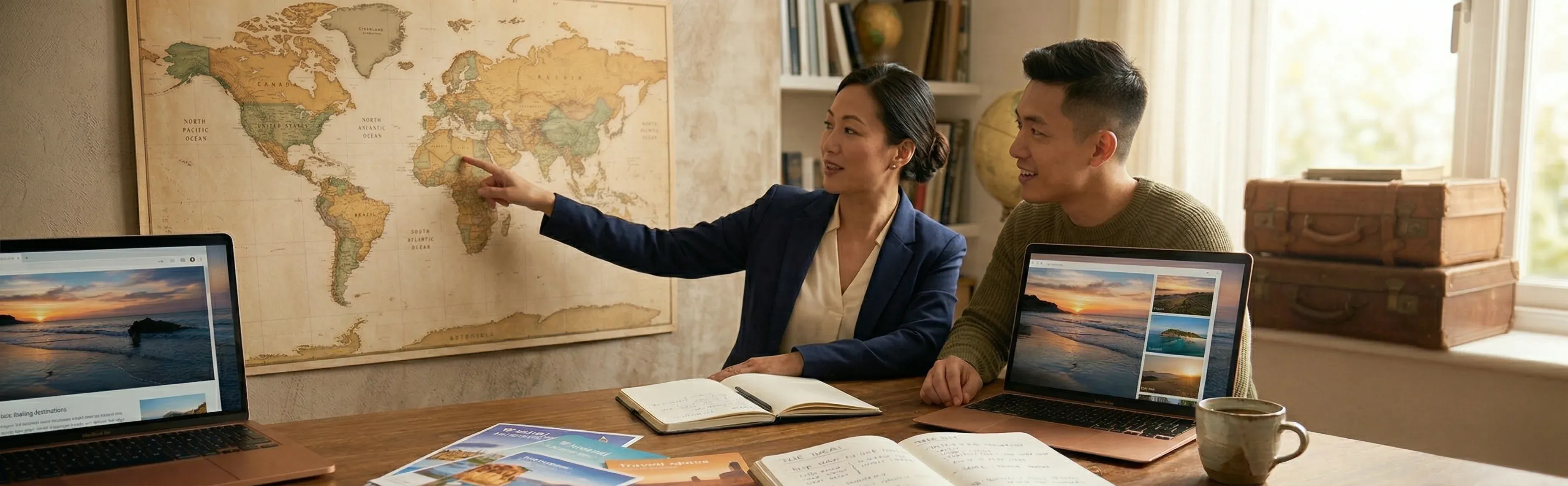 Travel consultant pointing at world map while discussing trip planning with client at desk with laptops showing travel photos